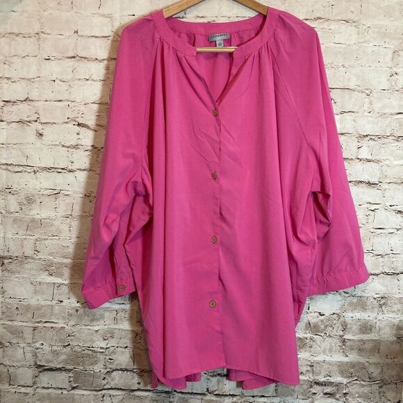 Catherines Top Womens 4X Hot Pink Tunic Long Sleeve Button Front Plus Size - Picture 1 of 14